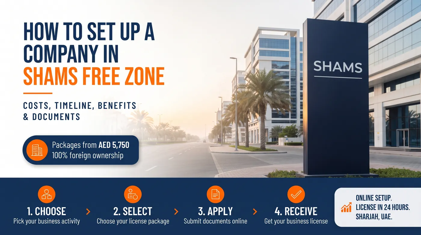Setting up a company in SHAMS Free Zone, Sharjah: packages from AED 5,750 and the four-step online setup process