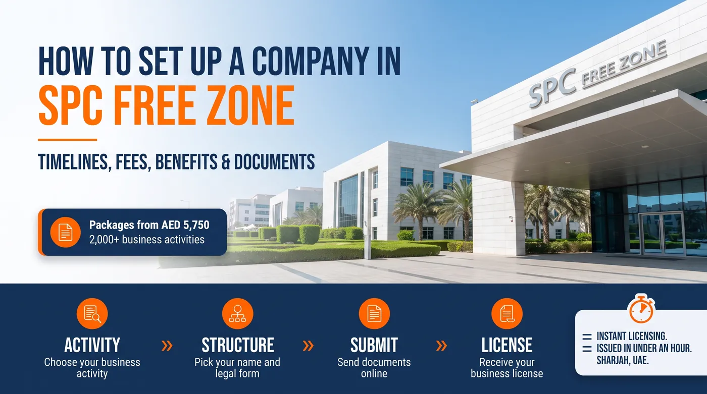 Setting up a company in SPC Free Zone, Sharjah: packages from AED 5,750, 2,000+ business activities and the four-step setup process